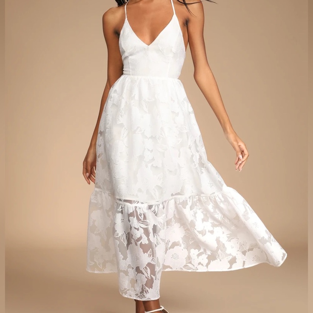 Lulus Feeling Like Forever White Jacquard Organza Lace-Up Midi Dress